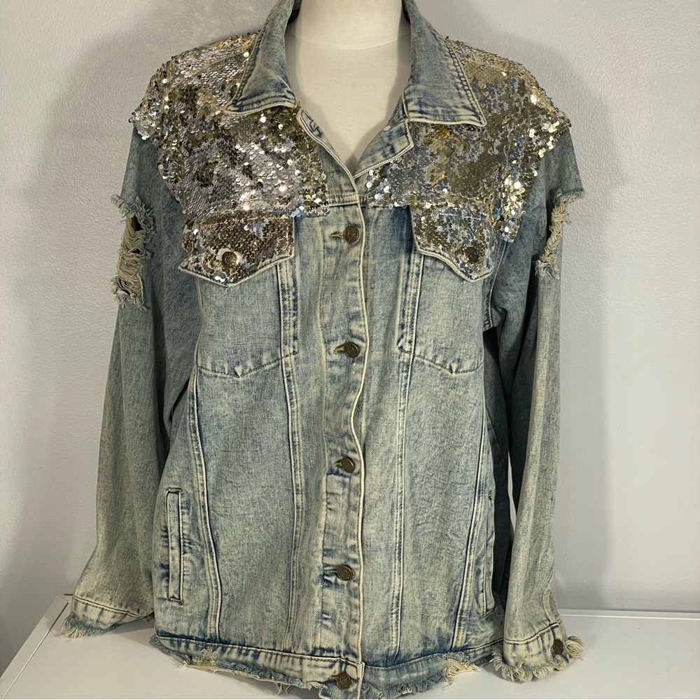 L & B Lucky & Blessed Gold Silver Sequin Distressed Denim Jacket Sz XL